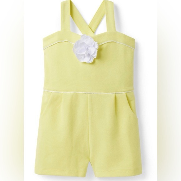 Janie and Jack Pale Yellow Cross-Back Romper with White Flower - Picture 2 of 5